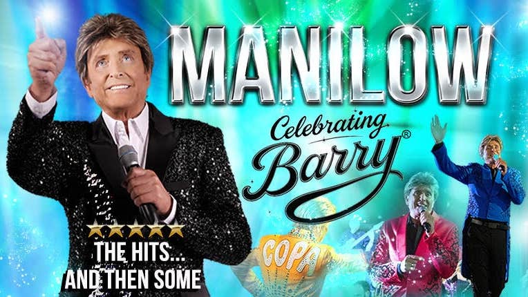 Poster for Celebrating Barry, Ultimate Manilow Tribute Show, with large text and man pointing in a black sparkly jacket