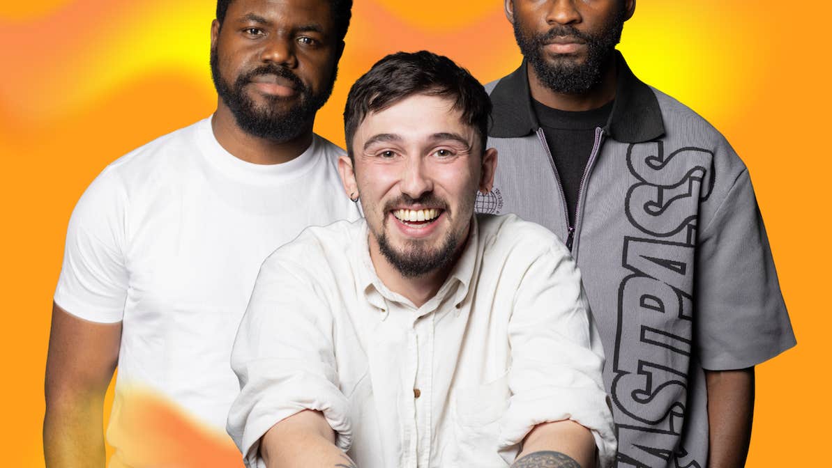 Group of 3 people against bright yellow background.