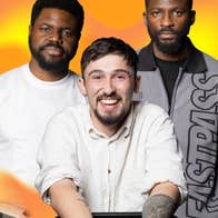 Group of 3 people against bright yellow background.