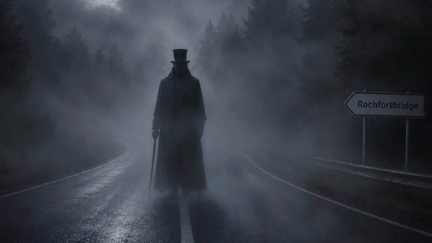 Scary silhouette standing in the middle of the road, fog all around