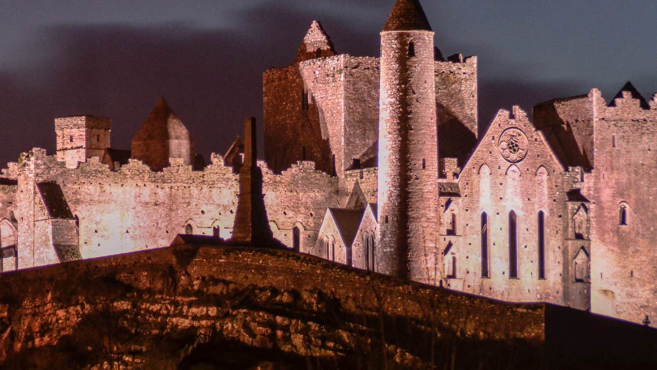 Rock of Cashel lit up at night