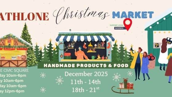 Cartoon type image of small stalls in a market at Christmas with people.