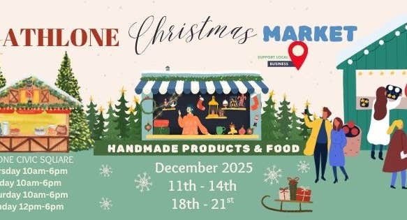 Cartoon type image of small stalls in a market at Christmas with people.