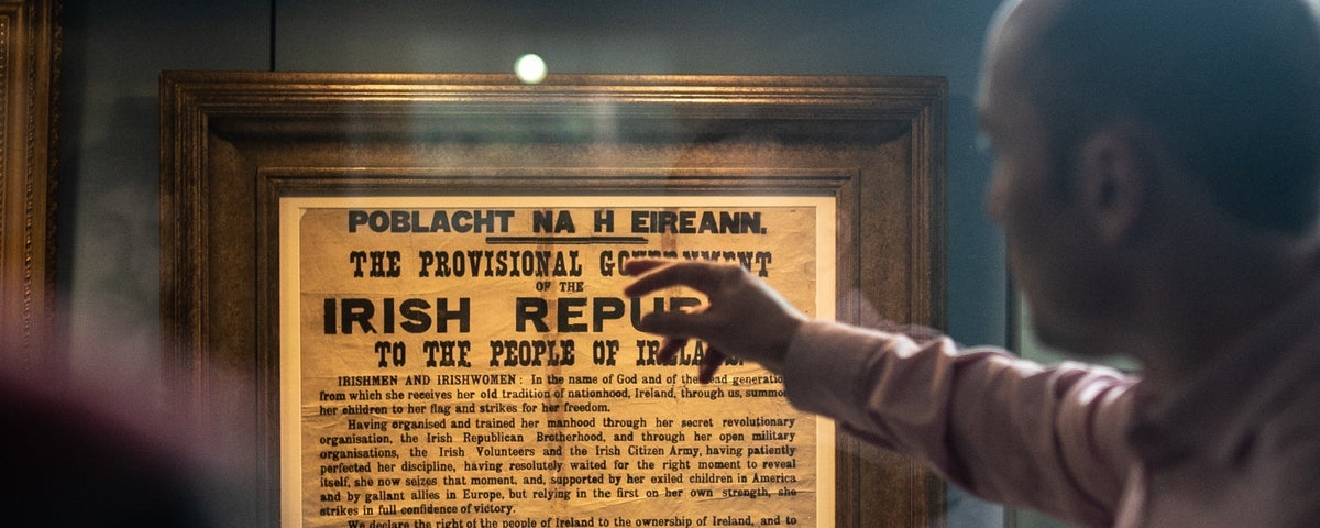 A copy of the 1916 Proclamation on display in National Print Museum