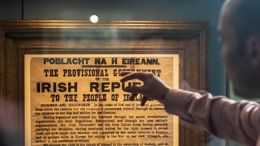 A copy of the 1916 Proclamation on display in National Print Museum