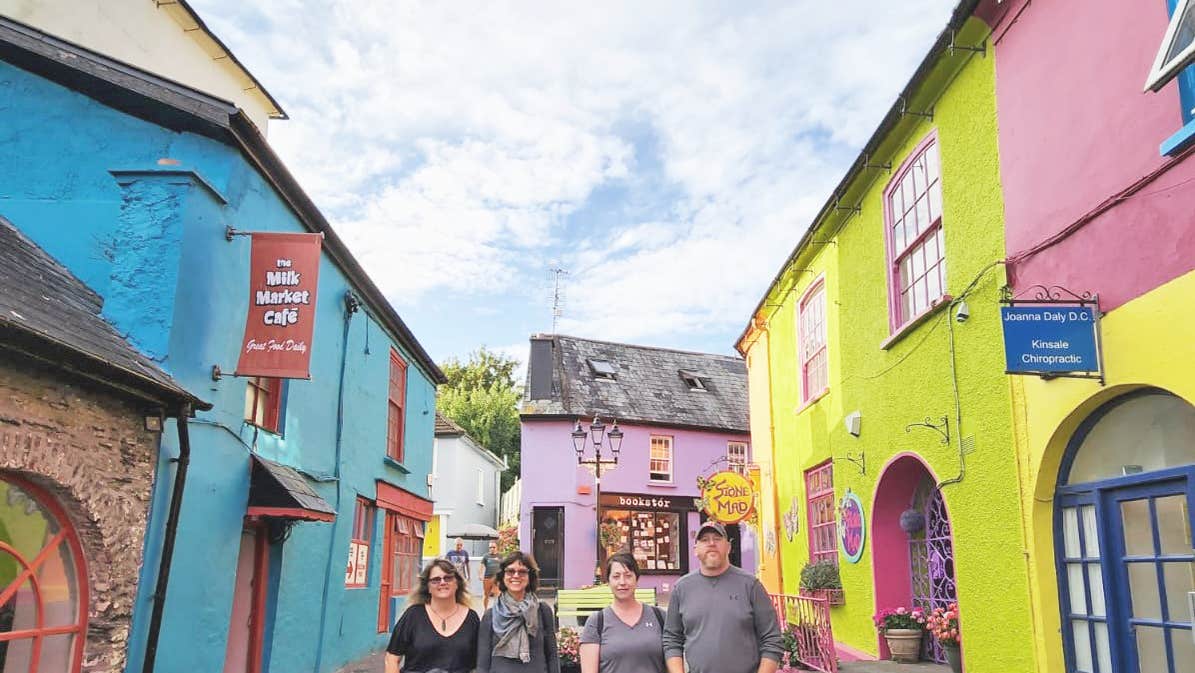 Overland Ireland Tours view of a group in a colourful town