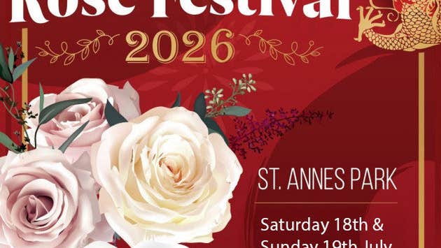 Poster for Rose Festival 2026 at St Anne's Park with pale pink roses against dark red background.