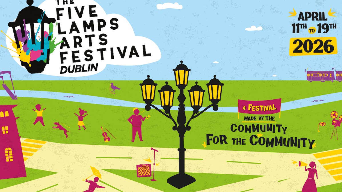 poster advertising the five lamps arts festival poster for 2026. featuring a grassy field illustration with yellow pathways leading to the Five Lamps lamp post, the sky is blue with the festivals name written on a cloud