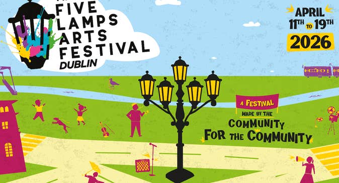 poster advertising the five lamps arts festival poster for 2026. featuring a grassy field illustration with yellow pathways leading to the Five Lamps lamp post, the sky is blue with the festivals name written on a cloud