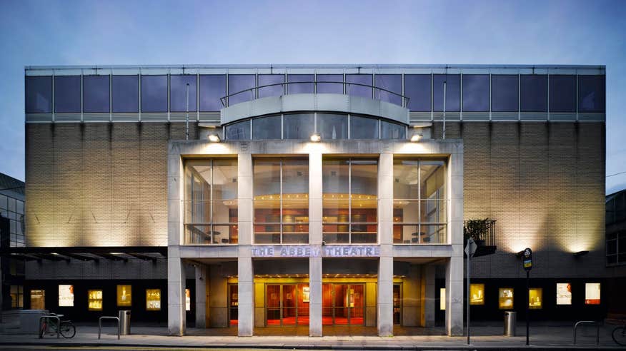 The exterior of the Abbey Theatre in Dublin at night time.