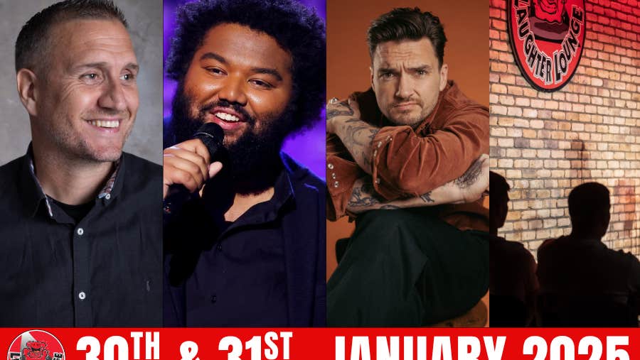 3 different comedians and 4th picture of round venue logo on a yellow brick wall