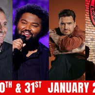 3 different comedians and 4th picture of round venue logo on a yellow brick wall