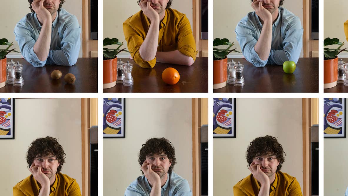 First Fortnight, He Dies in the End, repeated photo of man seated resting his chin on one raised arm.