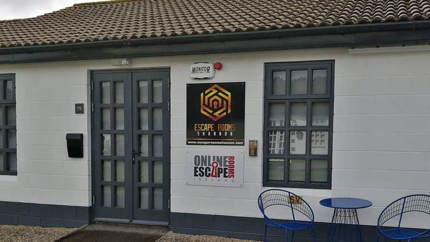 An exterior view of the Escape Rooms Shannon building showing their logos on the external wall
