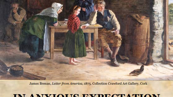 Part of an old painting from 1875 of a poor looking family in an old, basic cottage around a table, all looking at an open door.