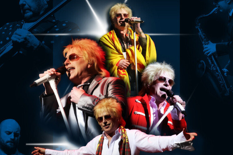 Various pictures in a collage of frontman Paul Metcalfe in Rod Stewart outfits, holding mics and singing.