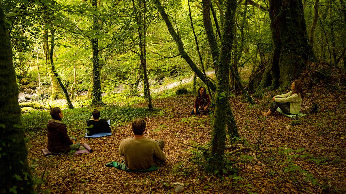 A group of people sitting on the ground in a circle in a forest