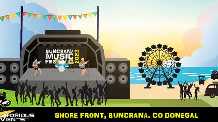 Picture poster for Buncrana Music Festival, a stage set up in front of a beach with figures in black dancing and a ferris wheel on the beach.