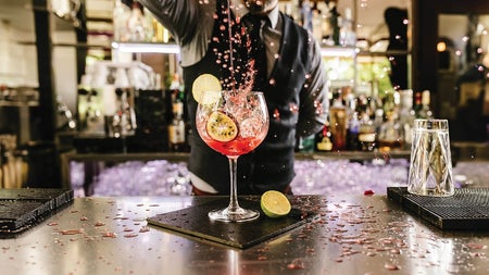 A person standing at a bar pouring liquid into a glass which is decorated with slices of fruit