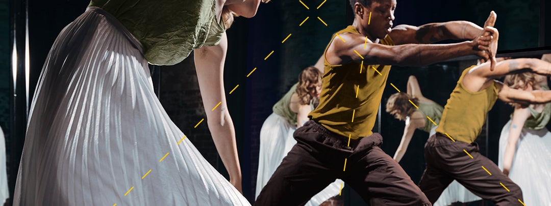 Two figures dance in a space with mirrors behind them creating other reflected figures. Bright yellow text reads 'SING SONG by David Bolger' with performance dates and location listed below in yellow text.