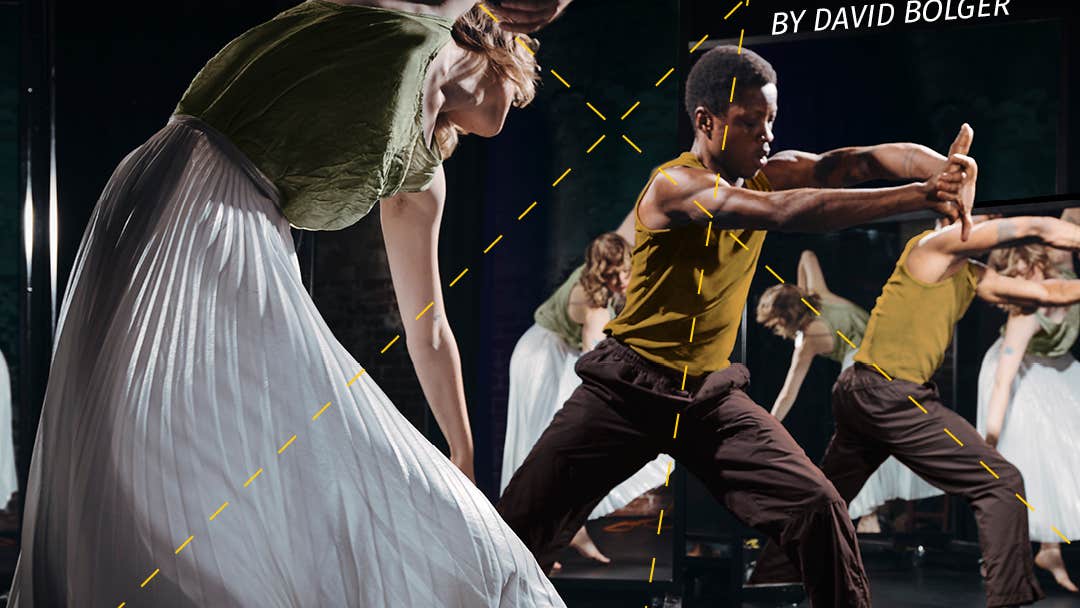 Two figures dance in a space with mirrors behind them creating other reflected figures. Bright yellow text reads 'SING SONG by David Bolger' with performance dates and location listed below in yellow text.