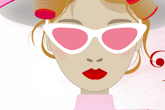 Cartoon type image in shades of pink and beige of female face with sunglasses and red lipstick.