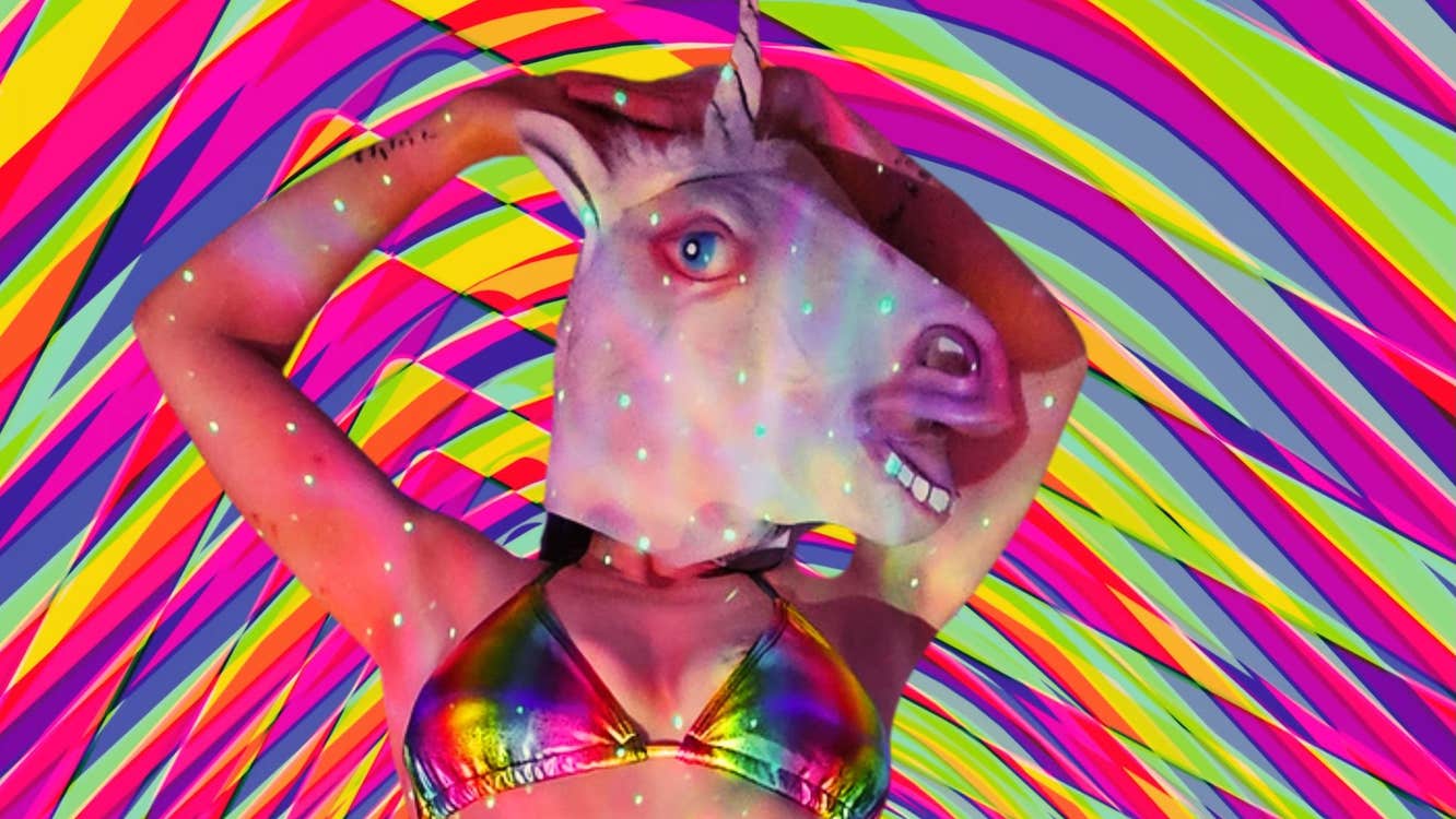 Alice Robinson - Shapeshifting, a person with an animal's head against bright multicoloured stripy background.