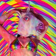 Alice Robinson - Shapeshifting, a person with an animal's head against bright multicoloured stripy background.