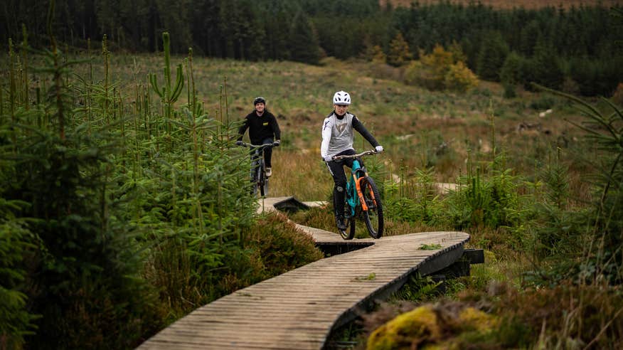 Two people cycling the Ballyhoura Mountain Bike Trails in Limerick.