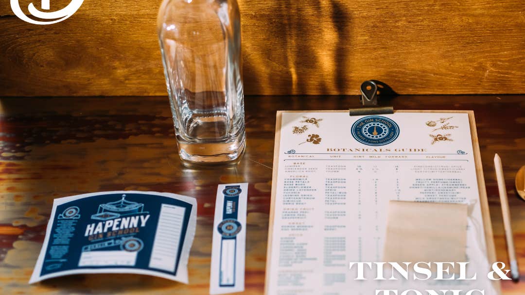 The Gin School set up with worksheet, bottle, label & copper pot still.