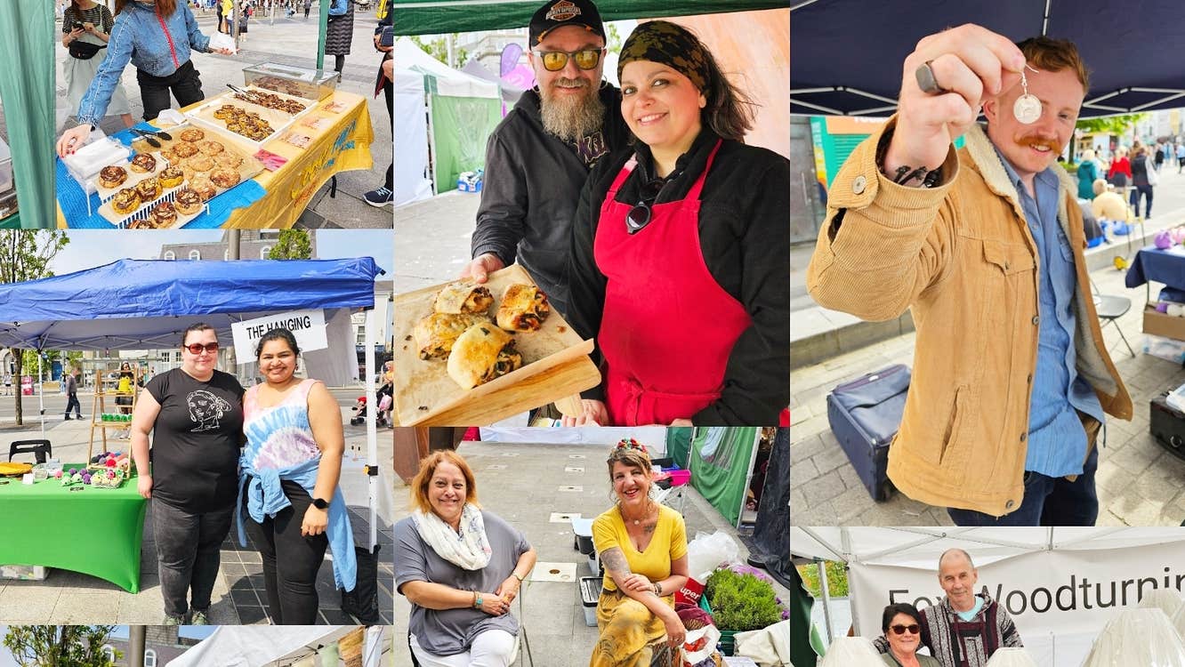 Tiny Traders Spanish Arch, Galway City. Collage of photos showing different market stall traders, smiling for the cameras.