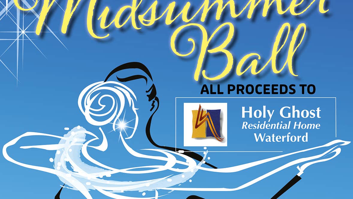 Part of event promo, text in yellow italic writing with outlined pen drawing of a couple dancing together in a waltz against a blue background.