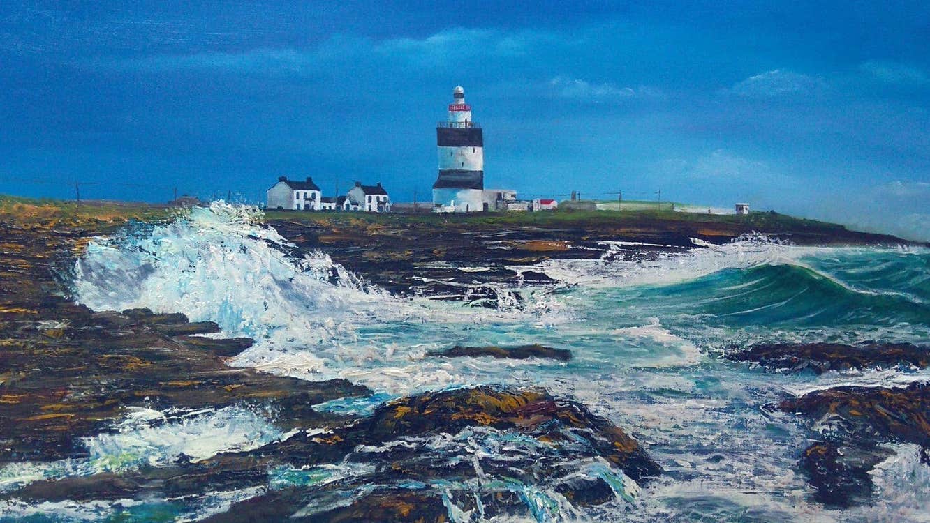 Painting of a lighthouse on a cliff with waves crashing against them