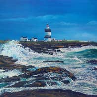 Painting of a lighthouse on a cliff with waves crashing against them
