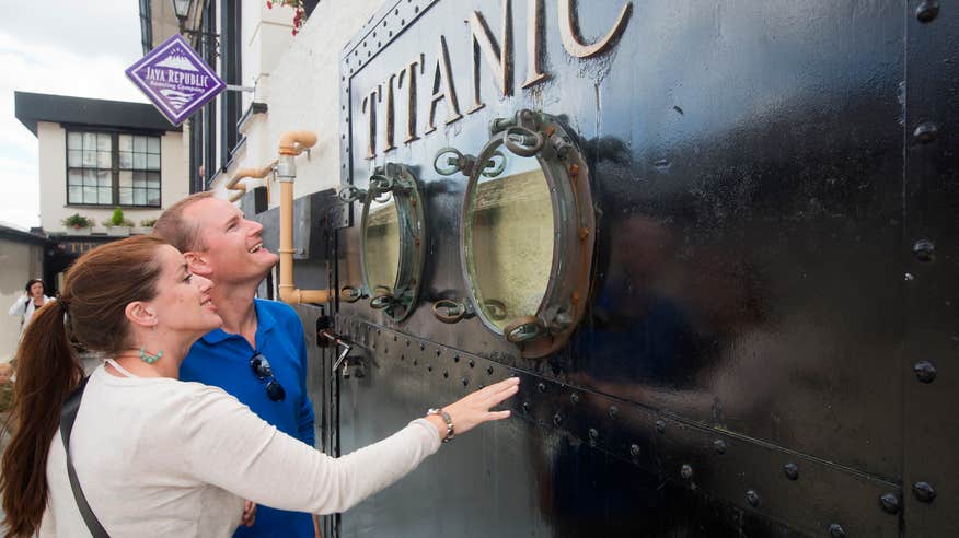 Two people looking at the exhibits at the Titanic Experience in Cobh, County Cork