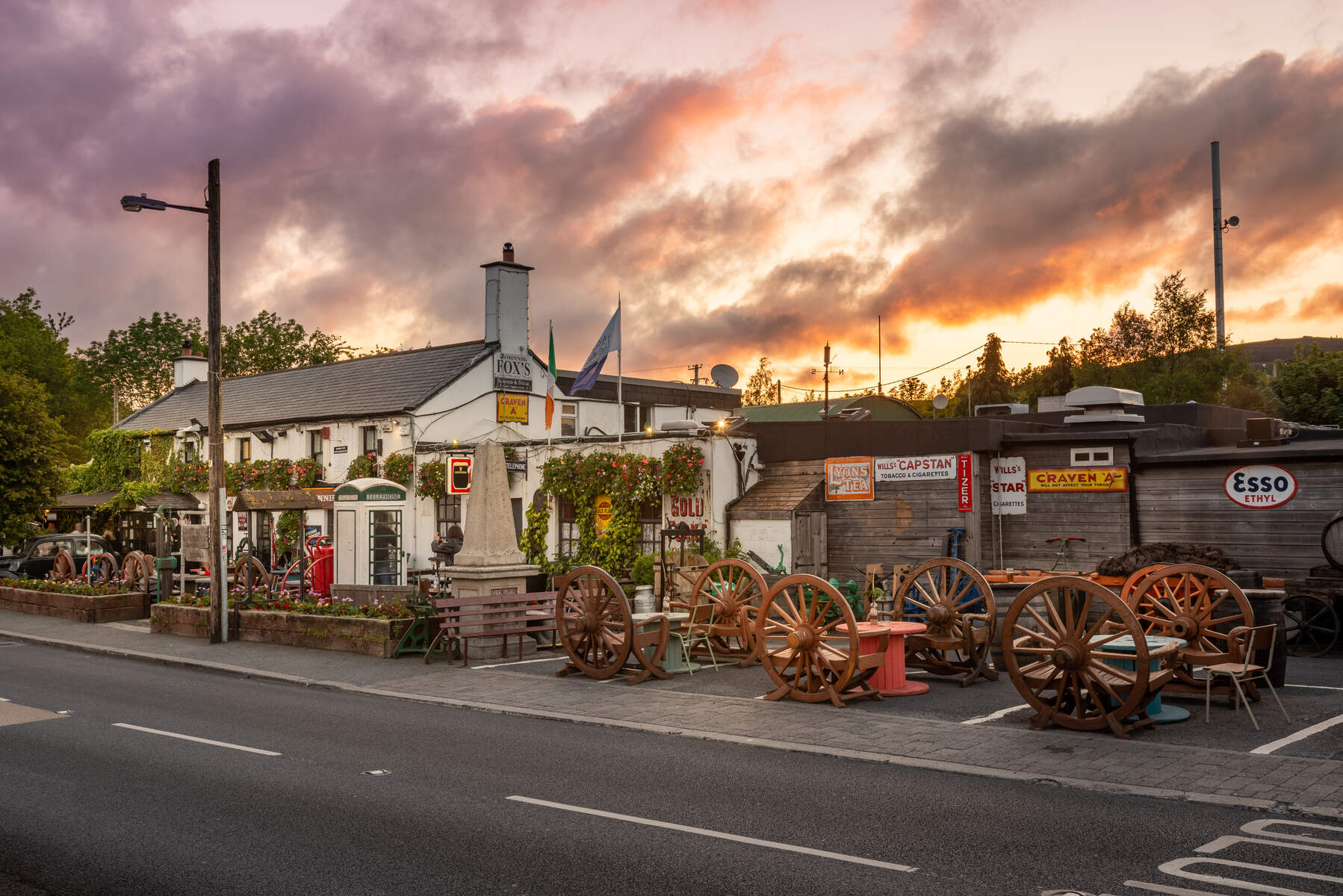 View of Johnnie Fox's pub in the Dublin Mountains at sunset.