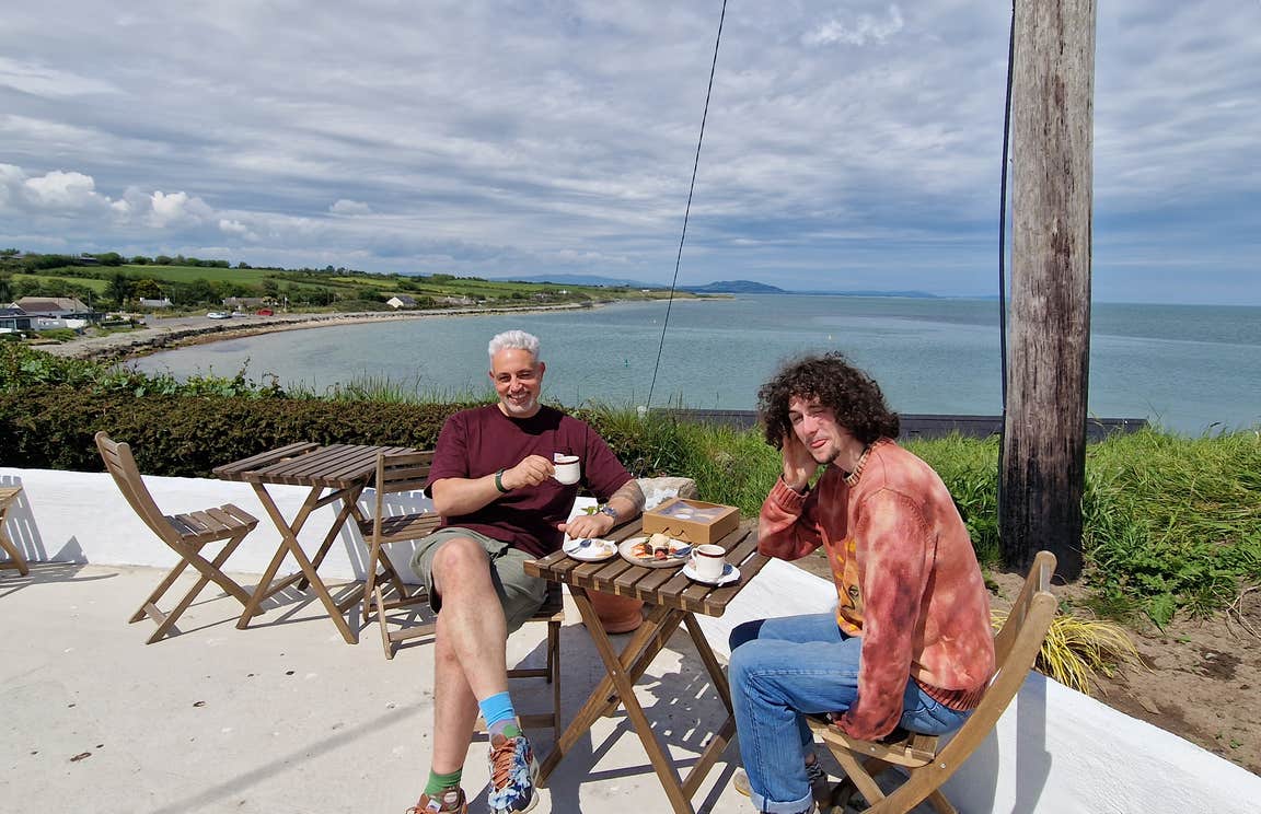 Baz and son Jake enjoying a bite to eat near the sea in Wexford.