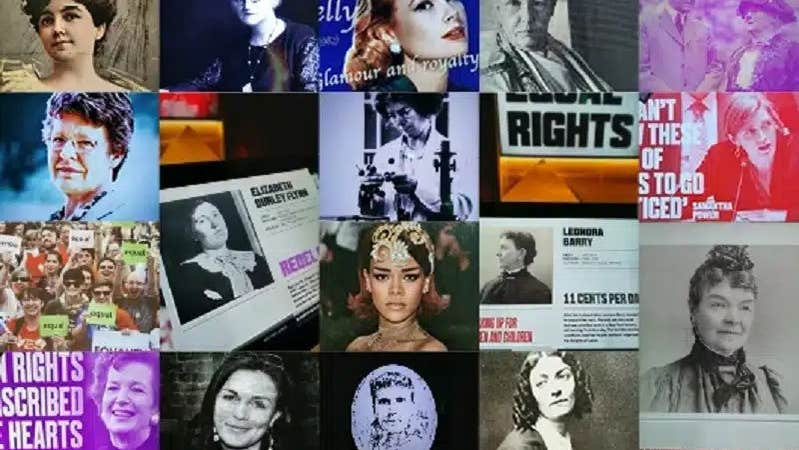 Collage of small picture of different women through out history, some with text.