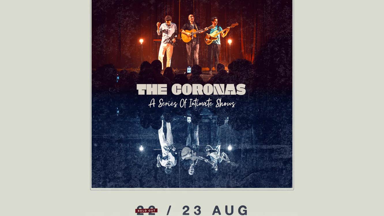 Poster with 3 men playing on a stage standing close together, reflected image below in black and white.