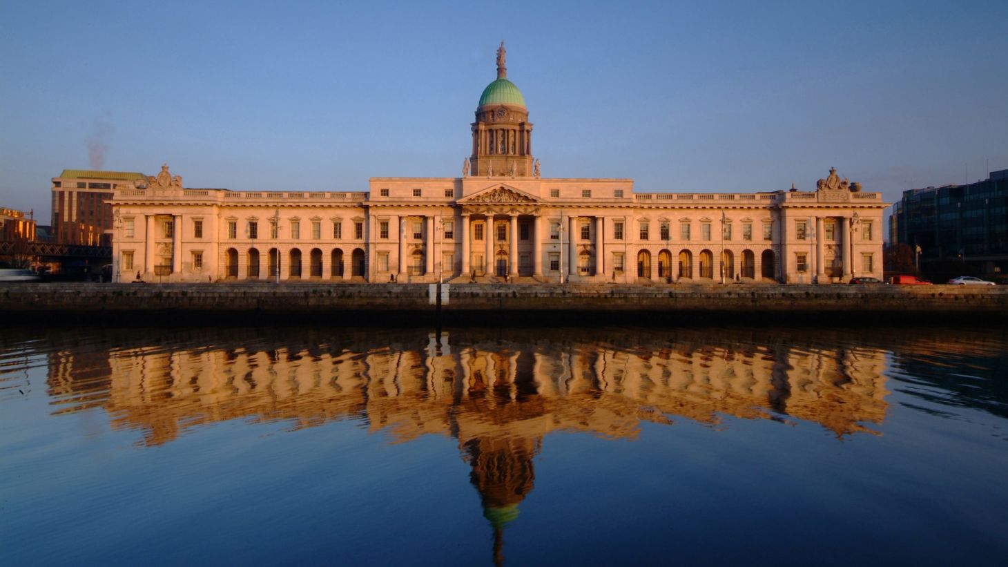 See the impressive Custom House on the edge of the River Liffey.