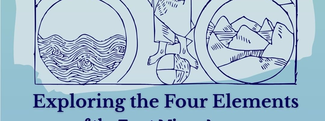 Part of poster for Tarot & Collage workshop with hand draw figure in a robe surrounded by 4 circular forms.