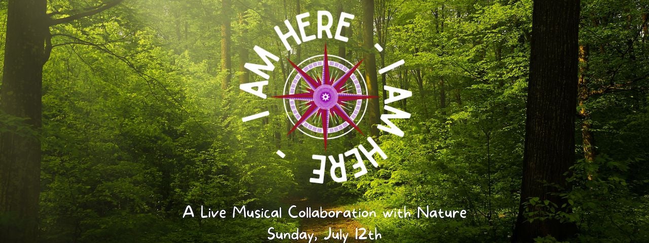 Forest background with 'I Am Here' logo and compass image, featuring event details.