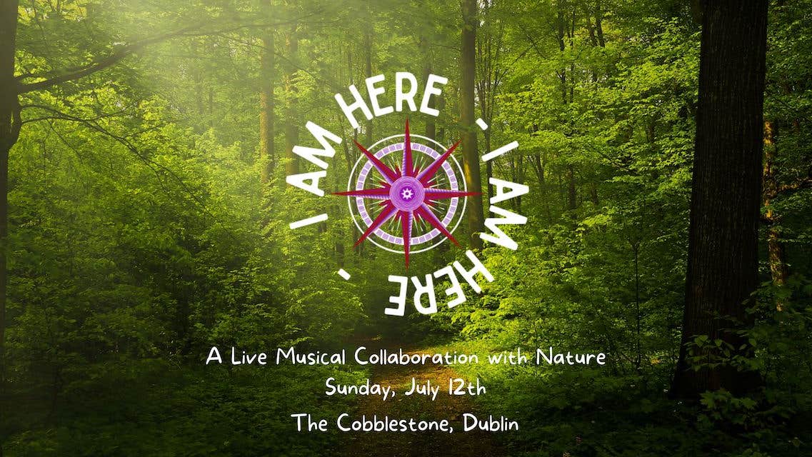 Forest background with 'I Am Here' logo and compass image, featuring event details.