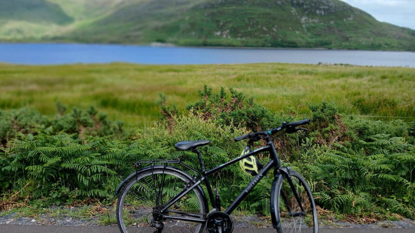 Bike from Sea Breeze Bike Hire parked by a lake