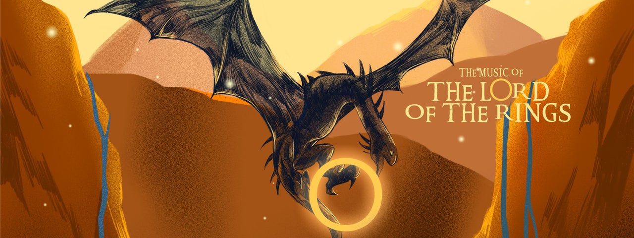 Music of the Lord of the Rings, cartoon type picture of a black, slim dragon in flight holding a large shiny gold ring in its claws.