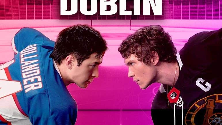 Heated Rivalry Club Dublin - 2 men in different jerseys, crouched head to head in football pose.