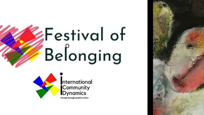 A poster with the words "Festival of Belonging" and "International Community Dynamics". There are are also logos and small part of a painting.