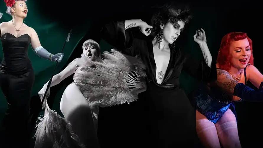 Collage of 4 different Burlesque performers in different costumes against black background.