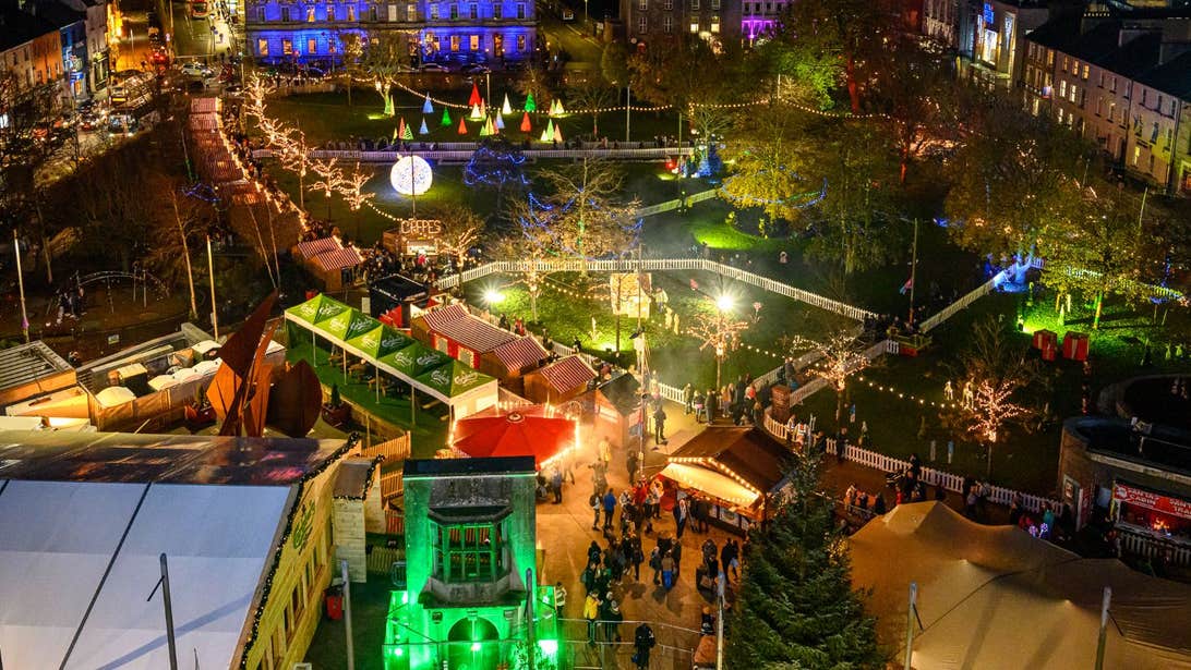 An aerial image of the Christmas market in Galway City.