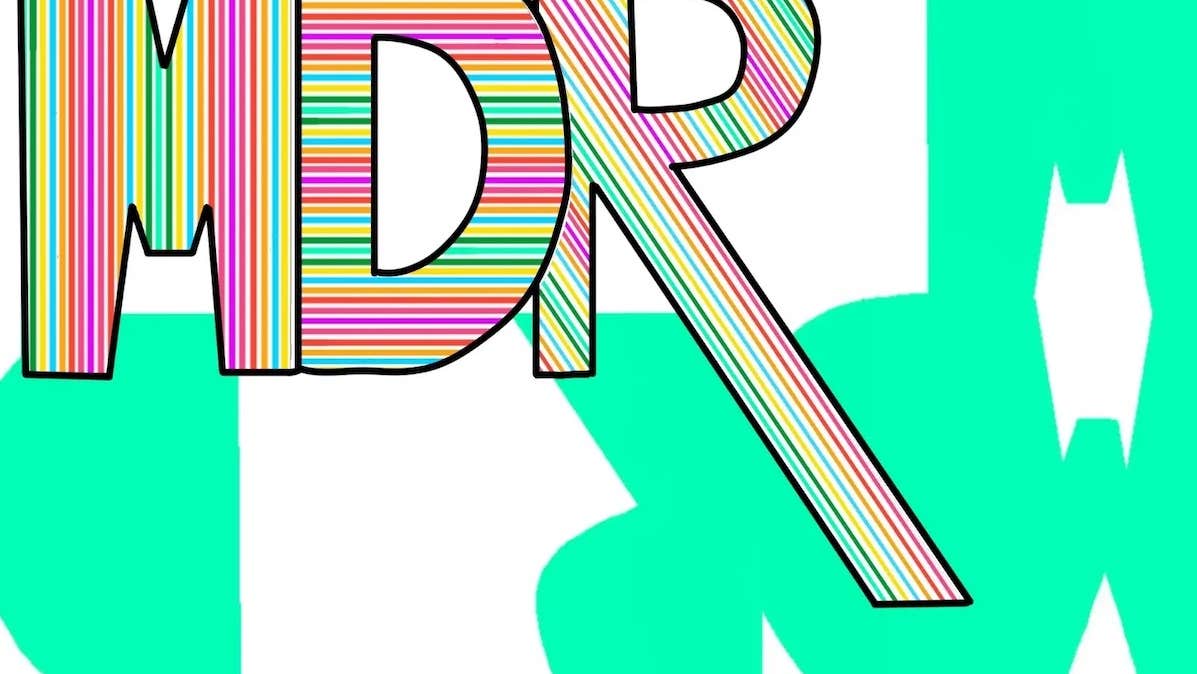3 Large letters filled with thin multicoloured lines against bright white or green shaped background.